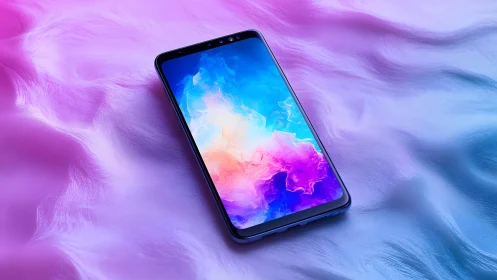 Modern smartphone on pastel abstract surface in digital art style.