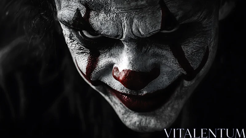 High-contrast clown portrait in dramatic chiaroscuro lighting.
