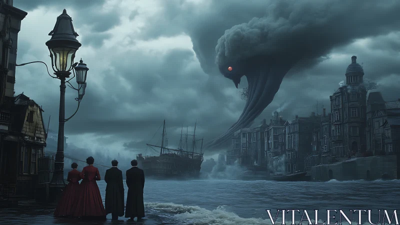 Victorian harbor under colossal storm-entity convergence event.