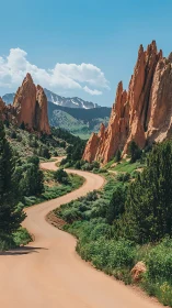 Curving dirt road winds toward red rock cliffs and distant peaks.
