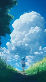 Girl under towering summer clouds on sunlit grassy path.