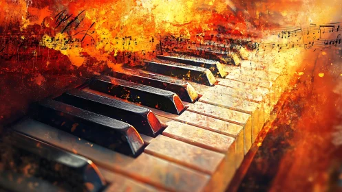 Piano keys with abstract orange and red music textures.