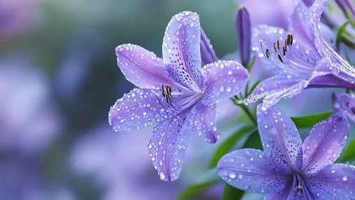 Purple lilies with morning dew drops.