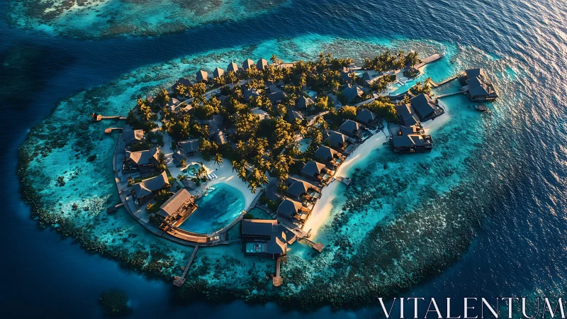 Tropical island resort with overwater bungalows and coral reef