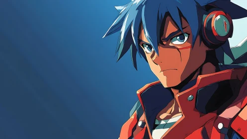 Blue-haired anime pilot rendered with bold cel-shaded lighting