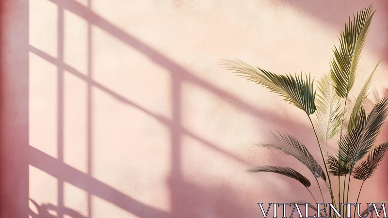 Sunlit palm leaves cast soft shadows on textured pink wall