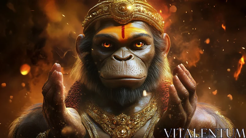 Regal monkey deity bathed in glowing embers and warmth.