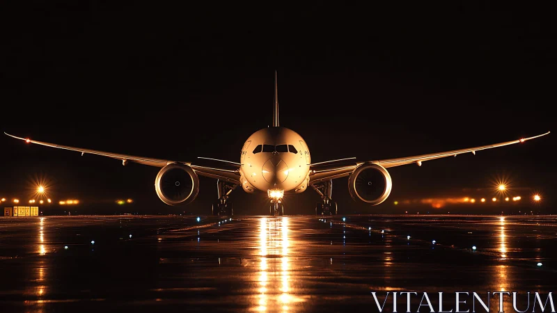 Passenger jet front view on wet runway at night, lights glow.