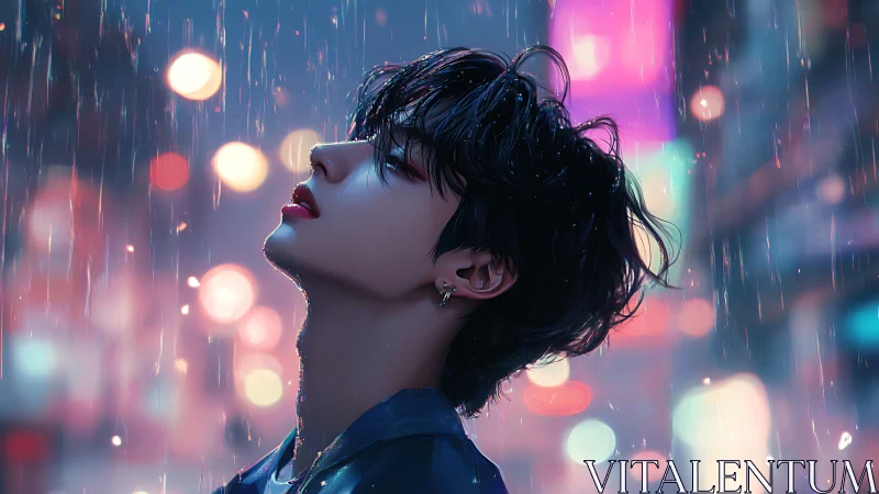 Digital profile portrait shows figure in rain against city lights