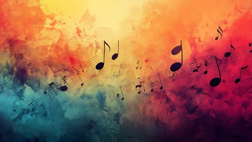 Musical notation flowing across warm abstract gradient field.