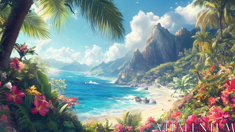 Tropical Coastal Landscape with Mountain Formation and Flowering Vegetation