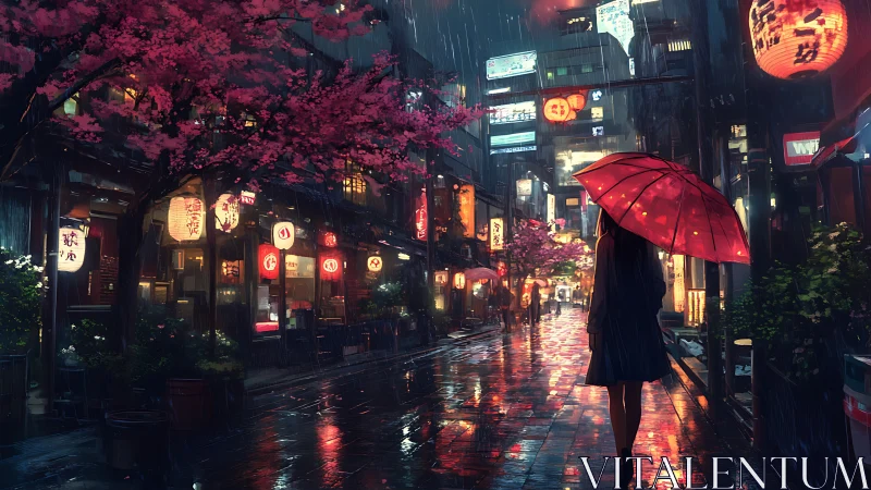 Rainy neon street with red umbrella and sakura trees.