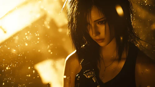 Wet-haired digital woman lit by intense golden backlight