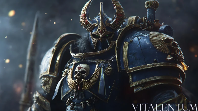 Heavily armored gothic supersoldier with ornate skull heraldry