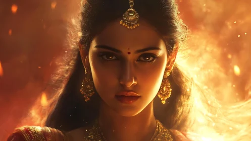 Digital portrait of woman in gold jewelry with warm light.