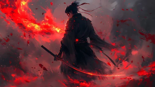 Backlit katana warrior amid turbulent pyroclastic swirl.