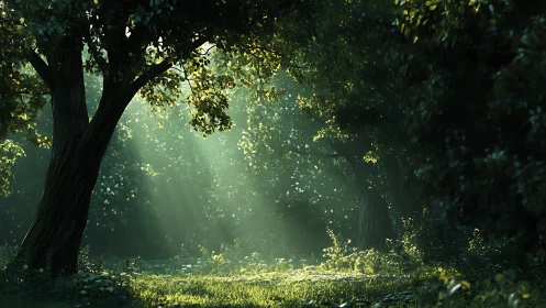 Sunbeams slip quietly into a hidden green forest clearing