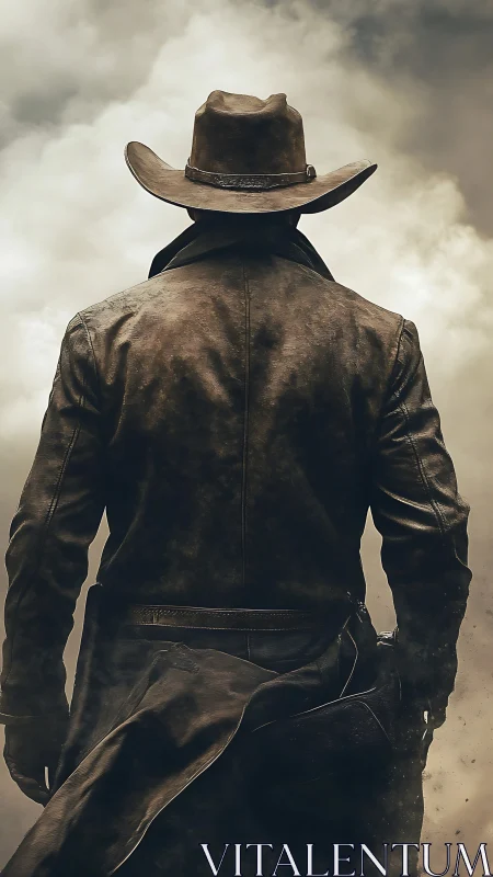 Dust-laced stranger strides into a storm-silvered horizon