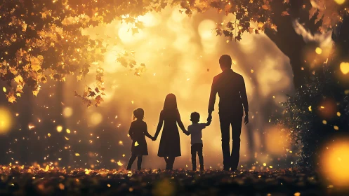 Family Silhouettes Under Golden Autumn Bokeh with Leaf Canopy.
