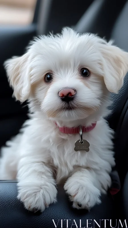 White fluffy puppy sits on car seat with pink collar