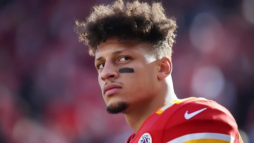 Intense football player portrait in vivid stadium light.