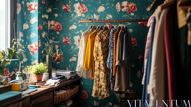 Clothing Boutique with Teal Floral Wallpaper and Workspace
