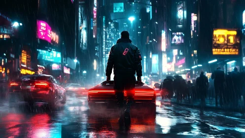 Lone driver in neon soaked rainy cyberpunk city street.