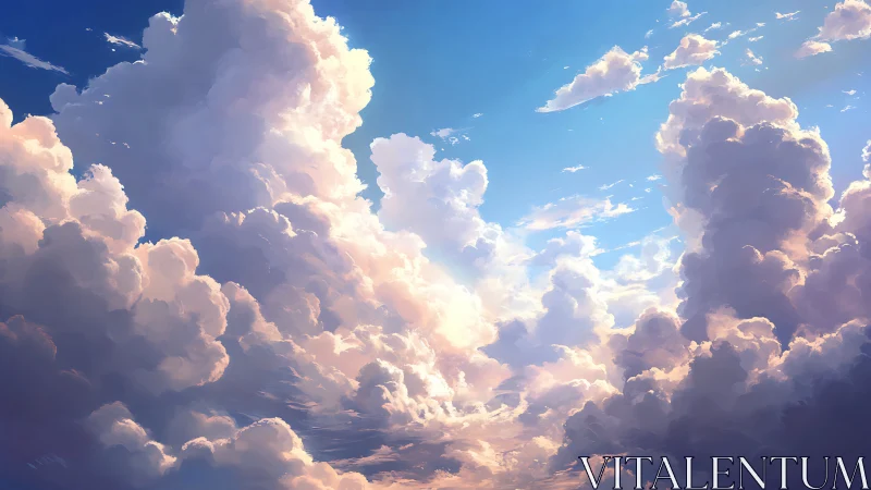 Sunlit cloud towers drifting through a calm blue sky.