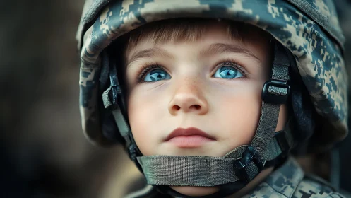 Child Portrait: Digital Rendering with Military Headgear and Striking Blue Eyes