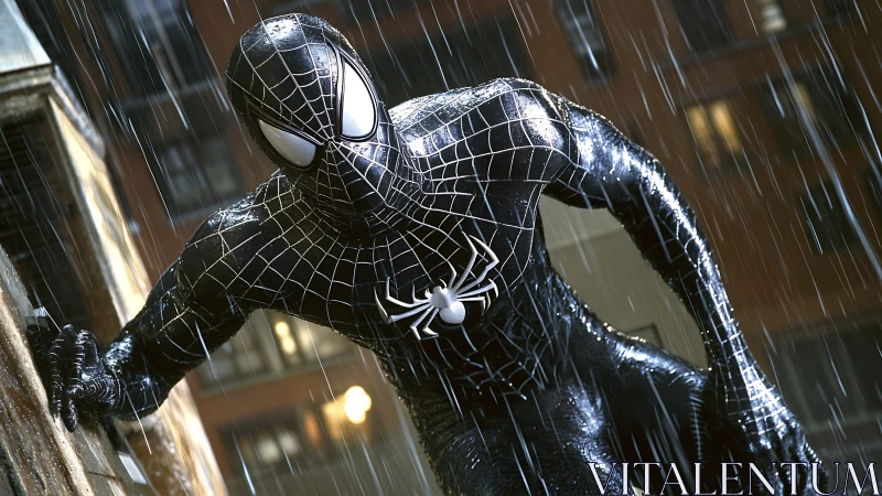 Black suited superhero crouches on wall in heavy rain