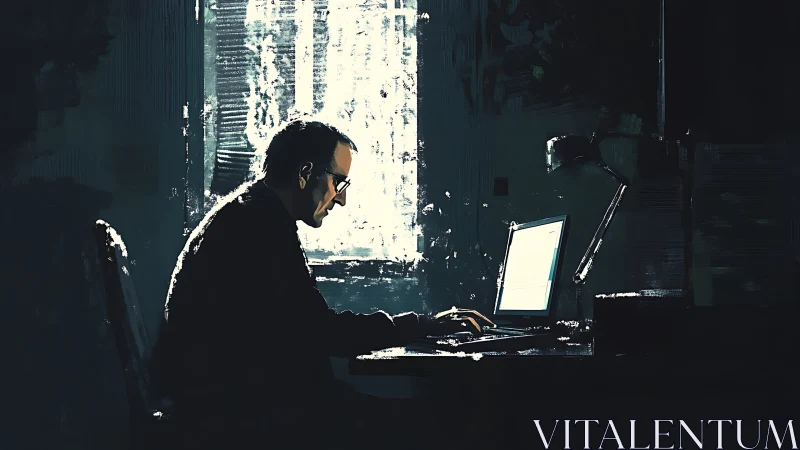 Backlit programmer types at laptop in high contrast chiaroscuro workspace