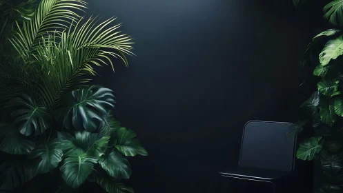 Black chair beside lush tropical plants on dark wall.