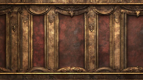 Regal baroque wall of worn gold panels and embered velvet.