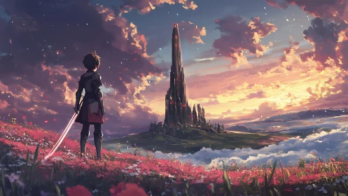 Lone duskblade hero gazes toward the citadel of clouds.