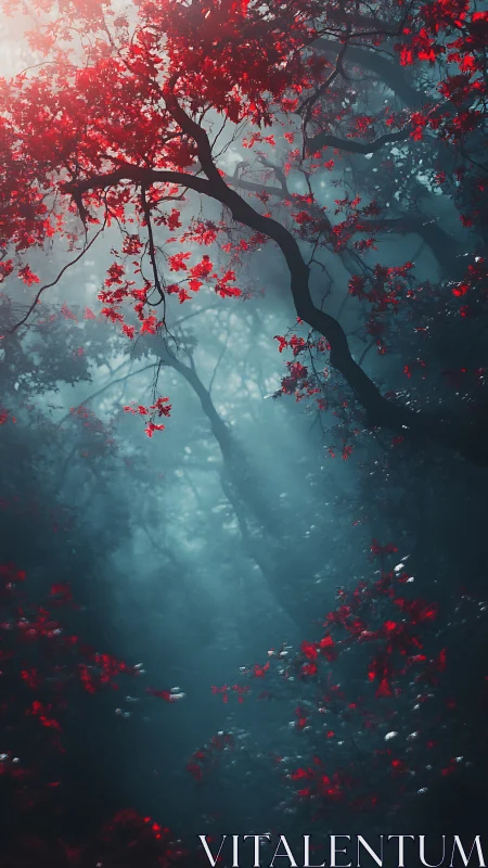 Misty Forest Canopy with Crimson Foliage and Gnarled Tree Silhouettes