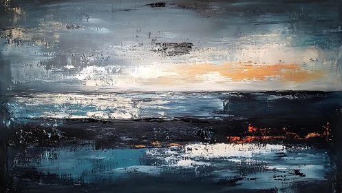 Abstract seascape painting with textured brush strokes and sunset hues.