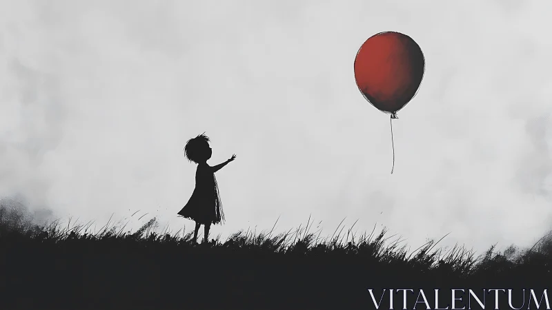 Silhouette child reaching toward drifting red balloon.