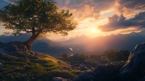 Solitary hillside tree overlooking radiant sunset valley.