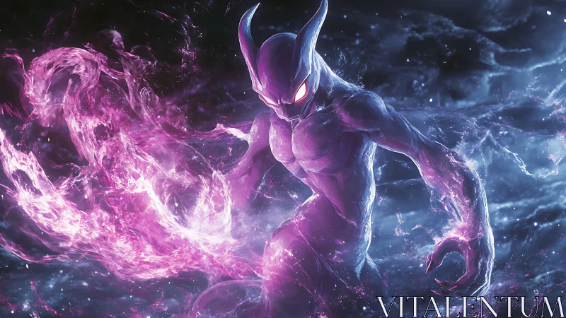 Horned humanoid entity with violet energy in cosmic void.