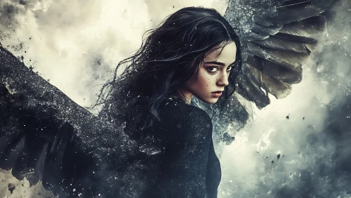 Winged female figure rendered in dark atmospheric environment