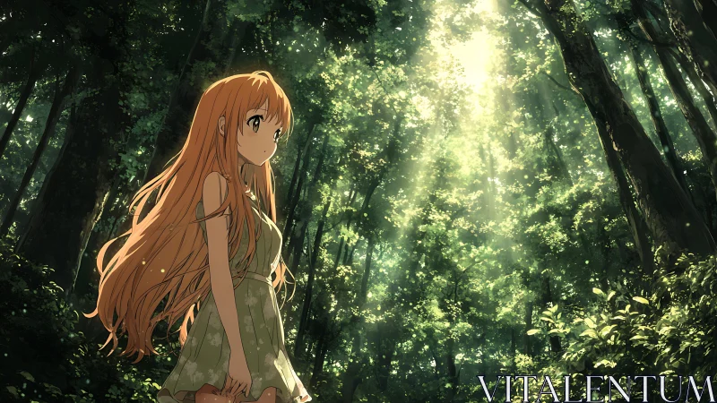 Anime forest portrait under dappled volumetric sunlight.