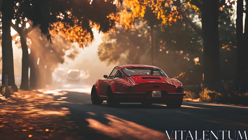 Red sports car moves through tree-lined road at sunrise