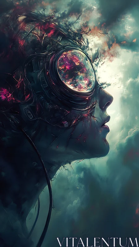 Cybernetic dreamer profile amid stormy neon clouds.