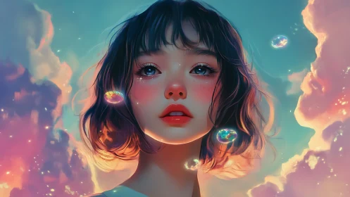 Dreamlit girl ascends through cotton skies and glassy bubbles