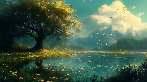 Serene lakeside tree before distant mountains at sunrise.