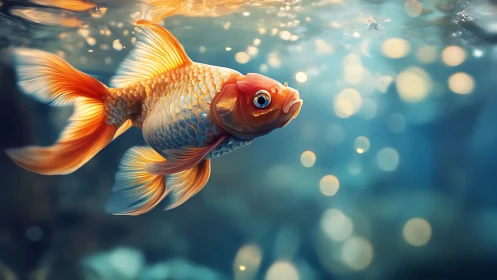 Vibrant goldfish gliding underwater amid glowing bokeh.