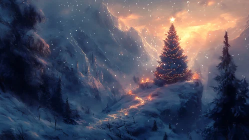 Star-crowned alpine Christmas tree ignites the snowy hush.