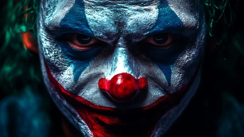 Clown face fills frame under harsh, directional low key light