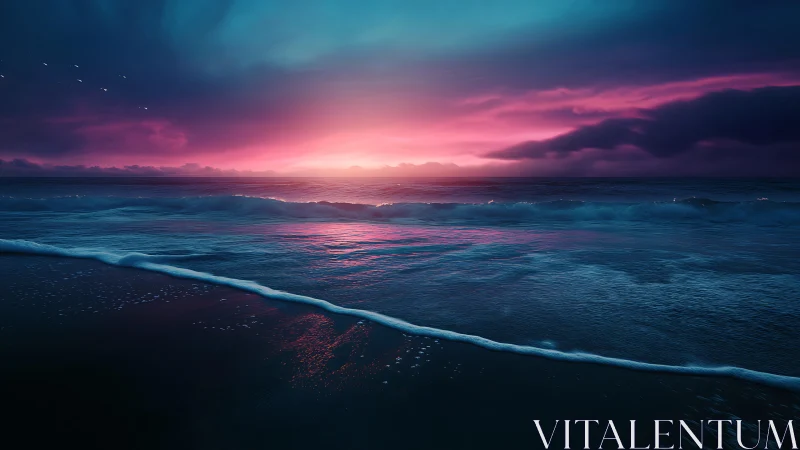 Neon dusk seascape with iridescent waves and magenta horizon glow