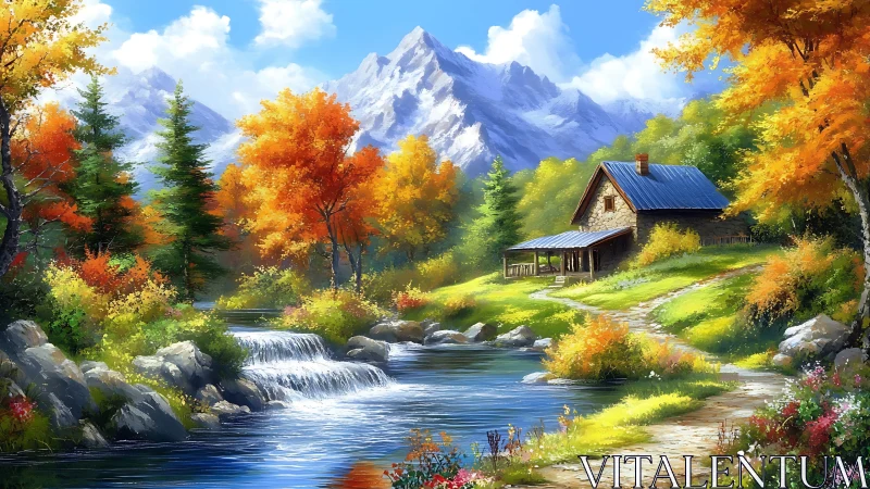 Mountain cabin by river in bright autumn forest landscape.